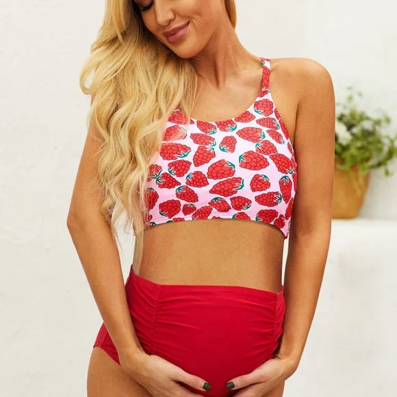 NEW 2 Piece Maternity Red Raspberry Swim Suit - Picture 5 of 9
